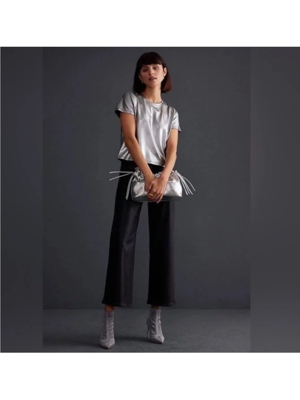 Porridge Top Womens M Silver Glam Tee Metallic Short Sleeve Shiny Shimmer Crew - Picture 4 of 10